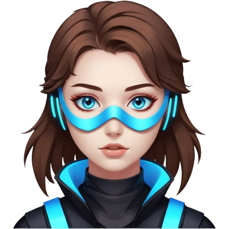 neon cyberpunk style 
girl with brown hair and blue eyes wearing a mask emoji