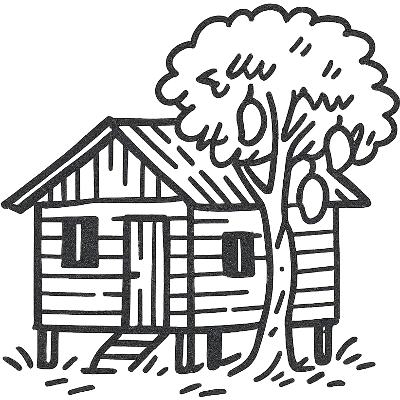 A simple light brown wooden house from a barrio with a mango tree in front emoji