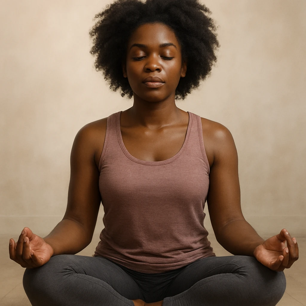 realistic style portrait of a black woman meditating, sitting in lotus position, with a soft background emoji