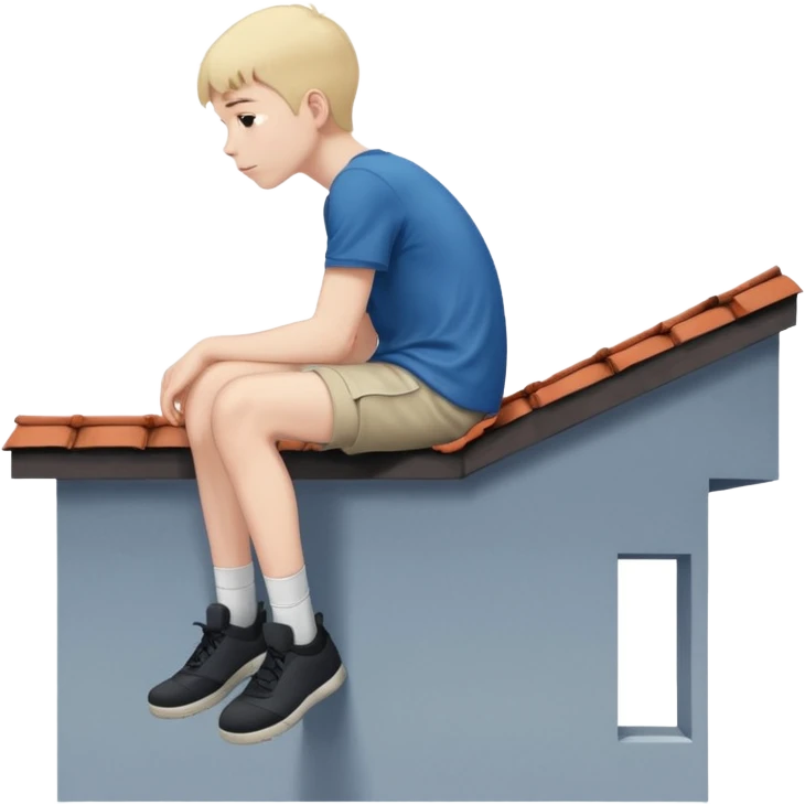 Ragazzo seduto su un tetto di un palazzo, con le gambe a penzoloni sul vuoto in 2d qundi di profilo emoji