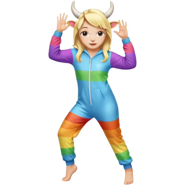 Cute blonde girl dancing legs in a rainbow onesie with cow horns  emoji