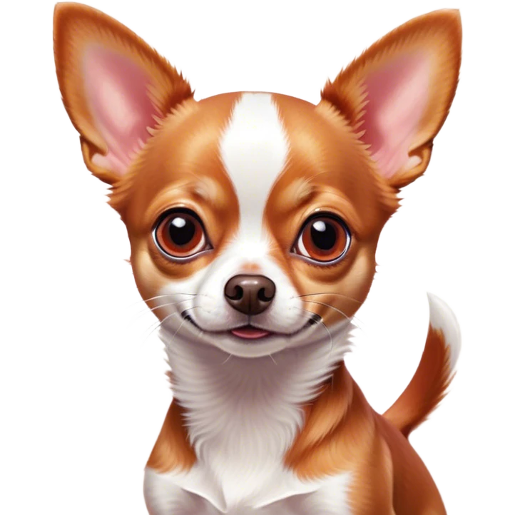 Cinematic Cute Red/White Short Haired Chihuahua Portrait Emoji, Head tilted playfully and inquisitively, smooth red and white fur with a vibrant sheen, round, sparkling dark eyes filled with curiosity, Simplified yet irresistibly adorable features, highly detailed, glowing with a warm, friendly glow, high shine, affectionate and lively, stylized with a touch of whimsy, bright and endearing, soft glowing outline, capturing the essence of a mischievous yet loving pup, so playful it feels like it could bound out of the screen and into your arms! emoji