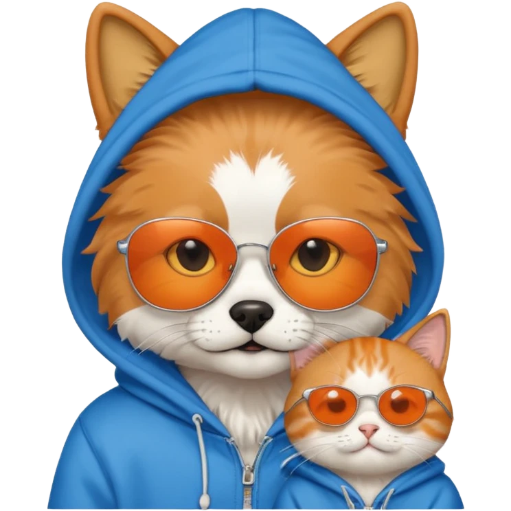 Dog wearing a hoodie and sunglasses with a cat emoji