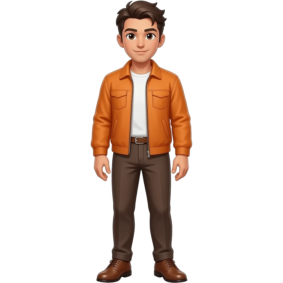 Anime men brown skin orange jacket and brown pants and brown dress shoes brown hair emoji