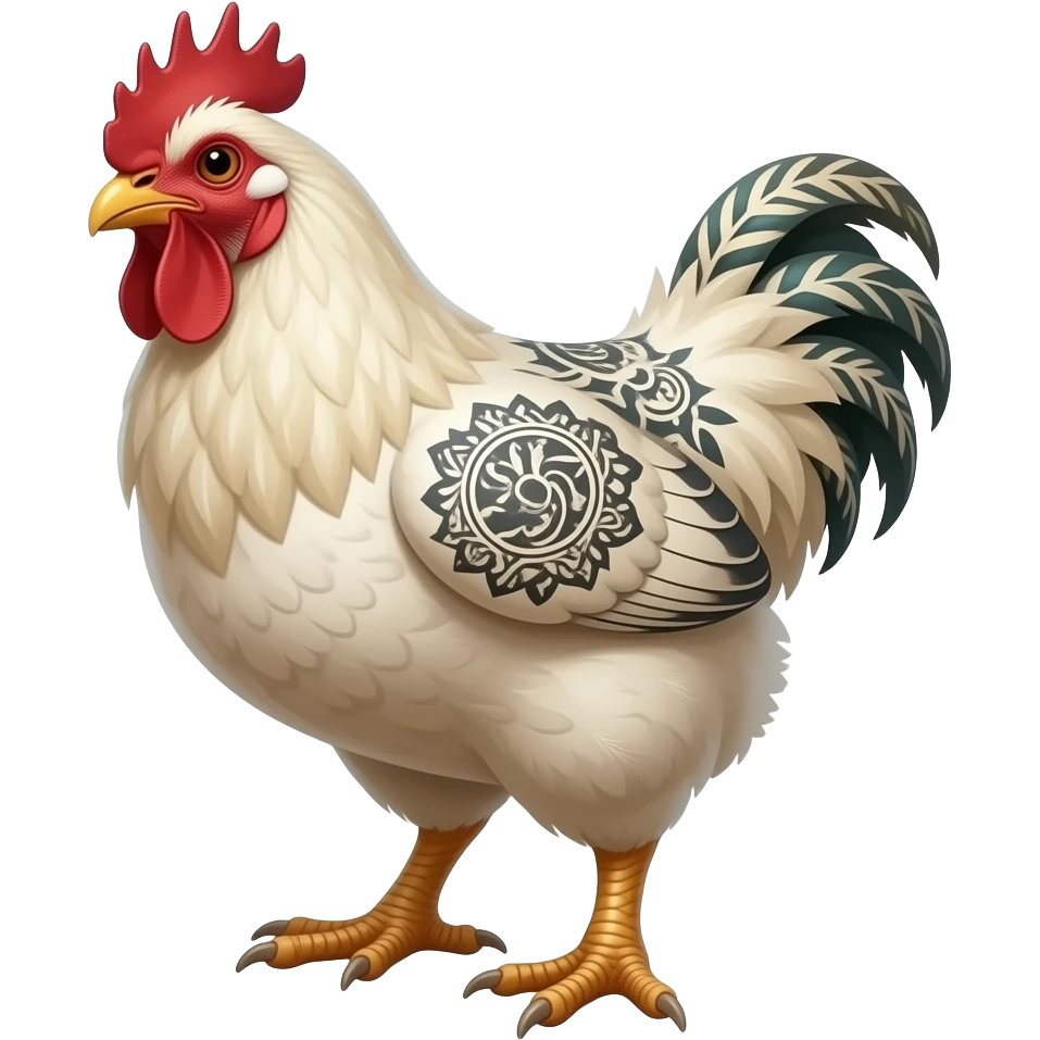 surrealistic - a huge ivory, bald, tattooed chicken with grown thick male feet like a Hobbit, the chicken's head is disheveled, shown at a 45 degree angle emoji