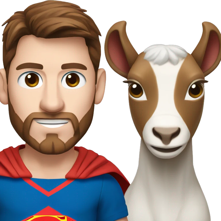 Messi with a goat, redish brownish hair redish beard, blue eyes, dressed as superman emoji