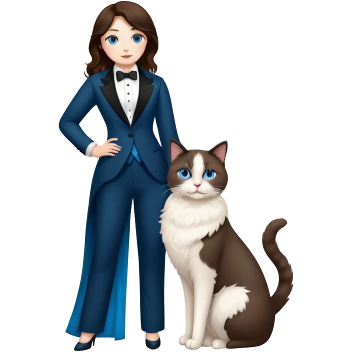 curvy brunet with blue eyes holding a ragdoll cat in a tuxedo emoji