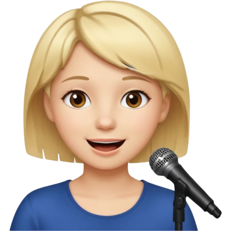 Crea una chica cantando con pelo rubio corto con ojos cafes  emoji