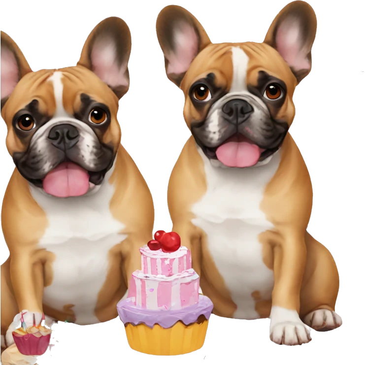 two french bulldogs birthday hats and cake emoji