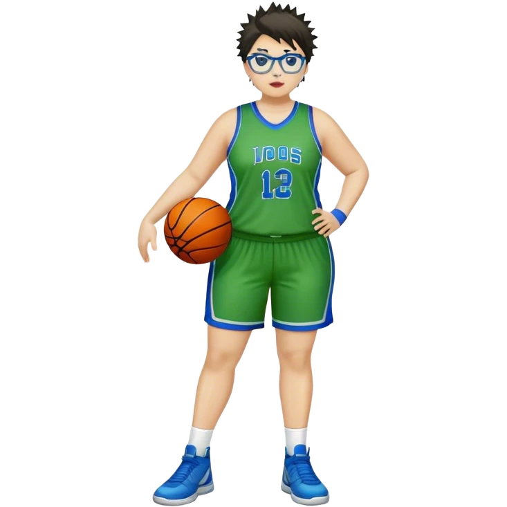 full body white plus size women basketball player with short spiky dark hair with added blond highlights wearing blue glasses wearing green and blue uniform emoji