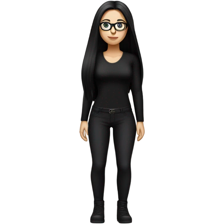 White girl with long straight black hair wearing a black bodysuit and glasses full body emoji