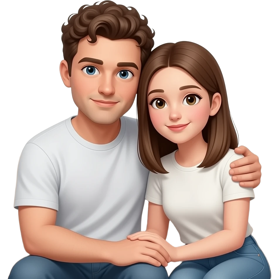 Realistic white man brown super short curly hair cuddling with realistic white girl brown straight hair on couch emoji