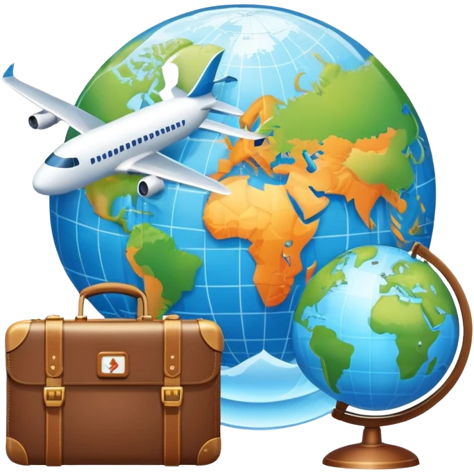 An icon featuring a suitcase, a hotel building, and a globe, symbolizing tourism and hospitality. The design includes a plane and a map, representing travel and accommodation services. Transparent background highlights the global nature of tourism and the hospitality industry. emoji