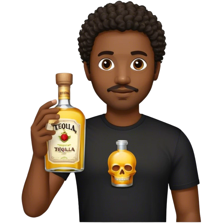 dark black guy, short curly hair, facial hair, holding tequila, black shirt  emoji