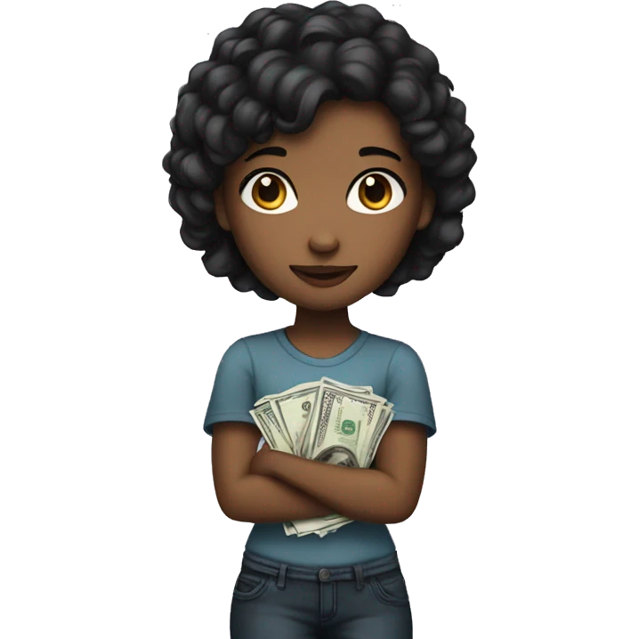 Girl with brown skin and black hair holding a dollar emoji