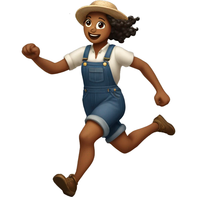 huckleberry Finn goddess sprinting, in overalls, with a large stride and arms outstretched emoji