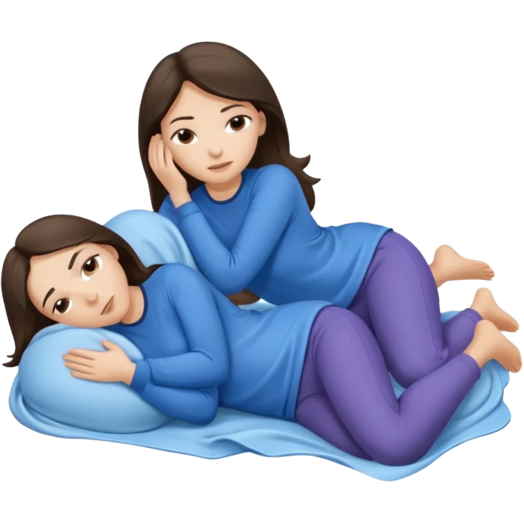 two white brunette women lying down full body on top of each other wrapped around each other one wearing a blue shirt they should be melting into each other. ONLY two women not three emoji