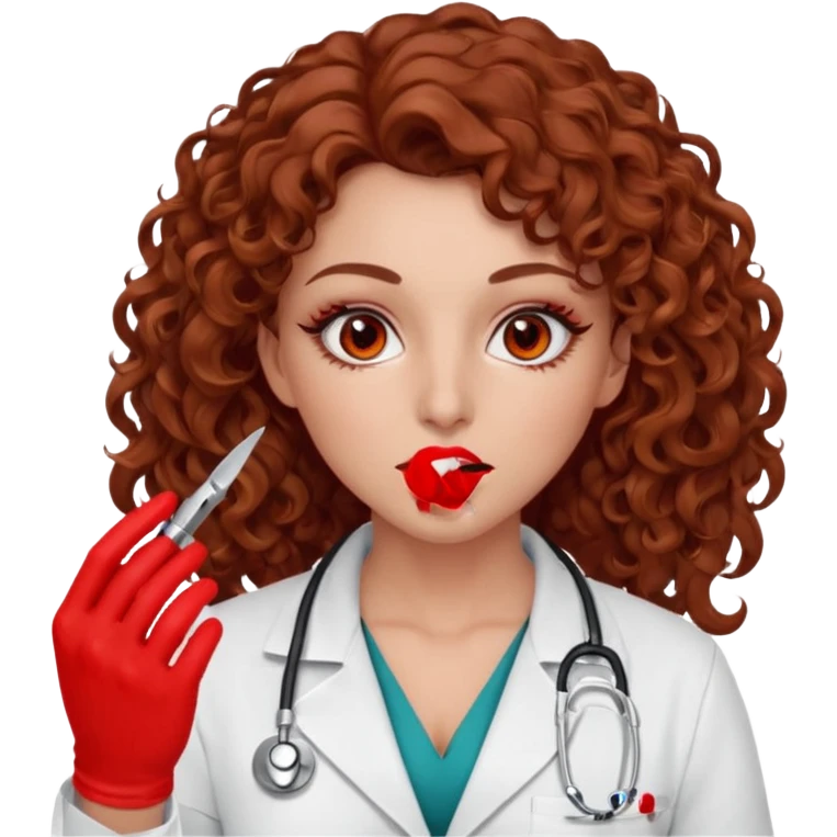 Lilith scalpel in hand, evil surgeon sexy surgeon clothes.  She has red eyes.  Hair is long. Hair is brown and curly hair. Wears sexy doctor outfit with red gloves. Covers mouth neck and nose with red litham for Muslim woman emoji