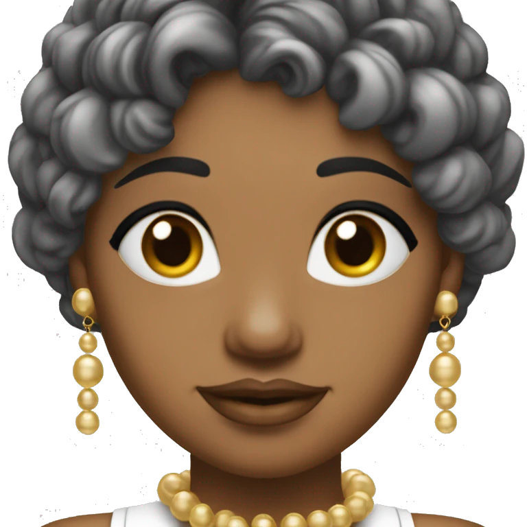 Mujer de piel blanca con rizos castaños y flequillo que tiene pendientes de perlas y un colgante en el cuello dorado emoji