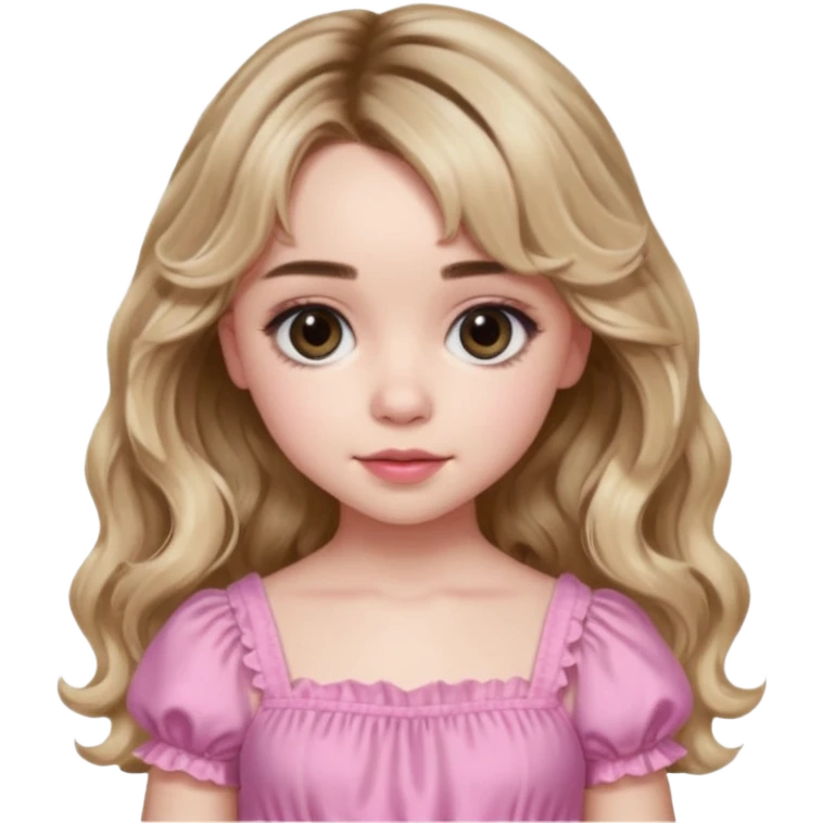 sabrina carpenter with pink babydoll dress and wavy long hair with wavy bangs emoji