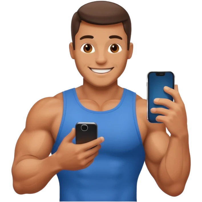 Mec musclé avec un téléphone dans les mains qui navigue sur so téléphone qui sourit emoji