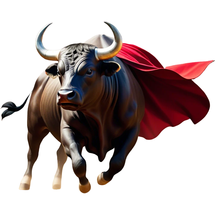 ​Cinematic Realistic black charging bull, against a matador depicted in a flowing red cape, captured in the dramatic moment of confronting a charging bull in a traditional bullring, rendered with dynamic motion and dramatic lighting that encapsulates the intensity and artistry of the spectacle, emoji