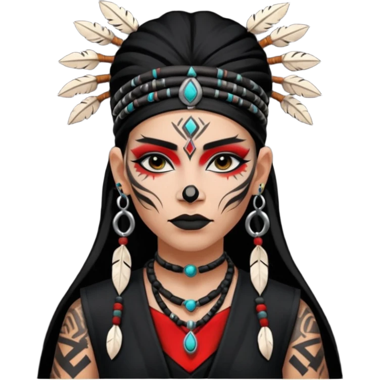 white shaman woman black clothes black accesories face tattoos emoji
