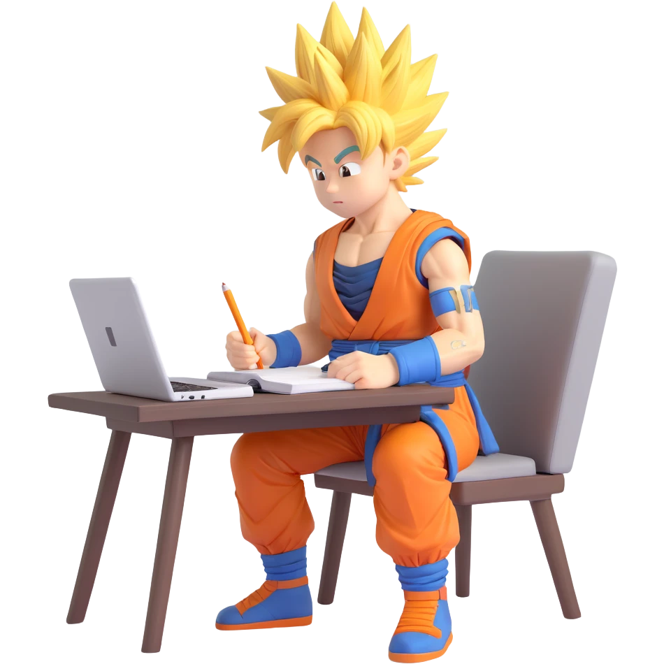 Goku as a student, sitting at a desk, studying, with spiky hair, 3D style emoji