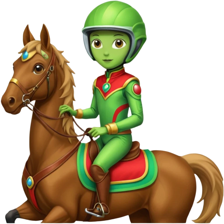 alien riding horse wearing racing cloth emoji