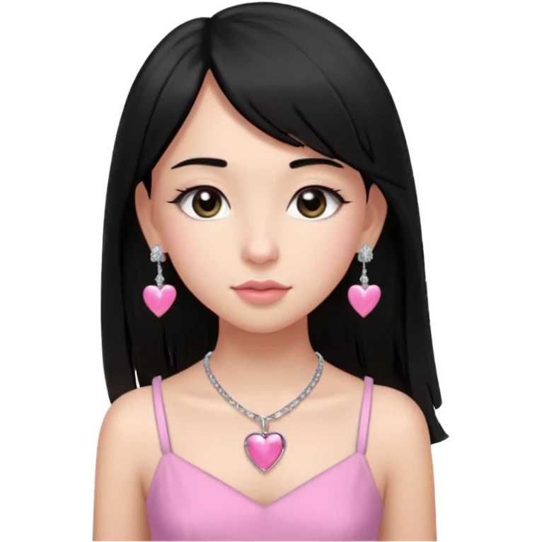 Cabelos pretos longos lisos ,com franja curvada .olhos pretos puxadinho para cima. Cílios longos curvados. Pele clara ,nariz pequeno ,lábios carnudos ,adolescente 16 anos ,vestido rosa de alça, colar de coração prata ,brinco de diamante emoji