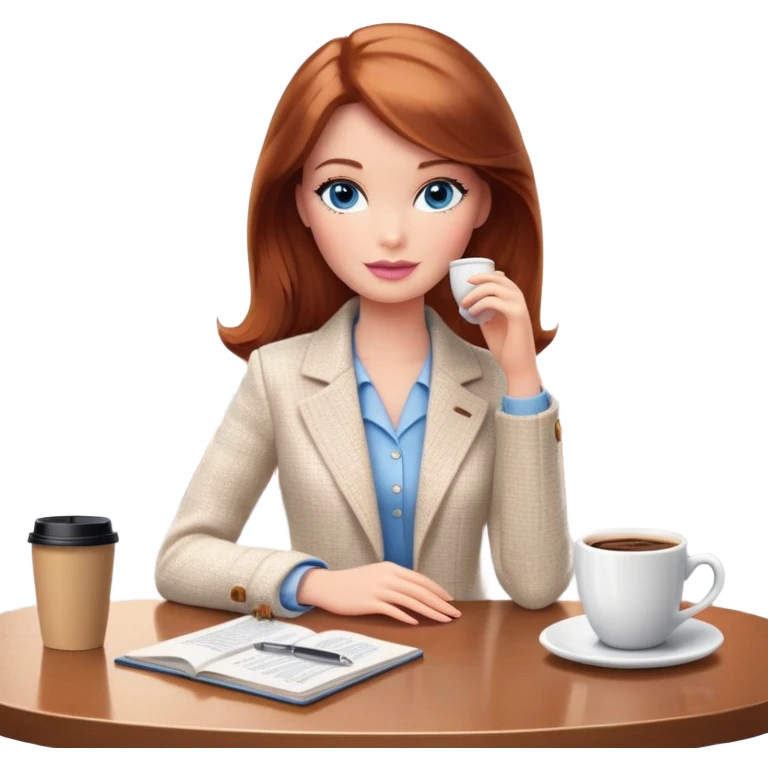 A Barbie girl with blue eyes, shoulder-length reddish-brown hair, made-up, wearing a white tweed jacket and a beige skirt, is sitting at a table with a cup of coffee in her hands emoji