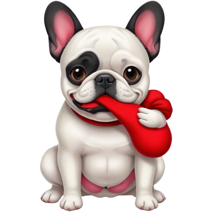 Black and white Bouledogue français eating a red sock  emoji