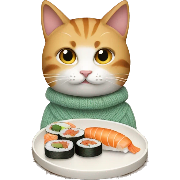 A cat wearing a sweater eating sushi  emoji
