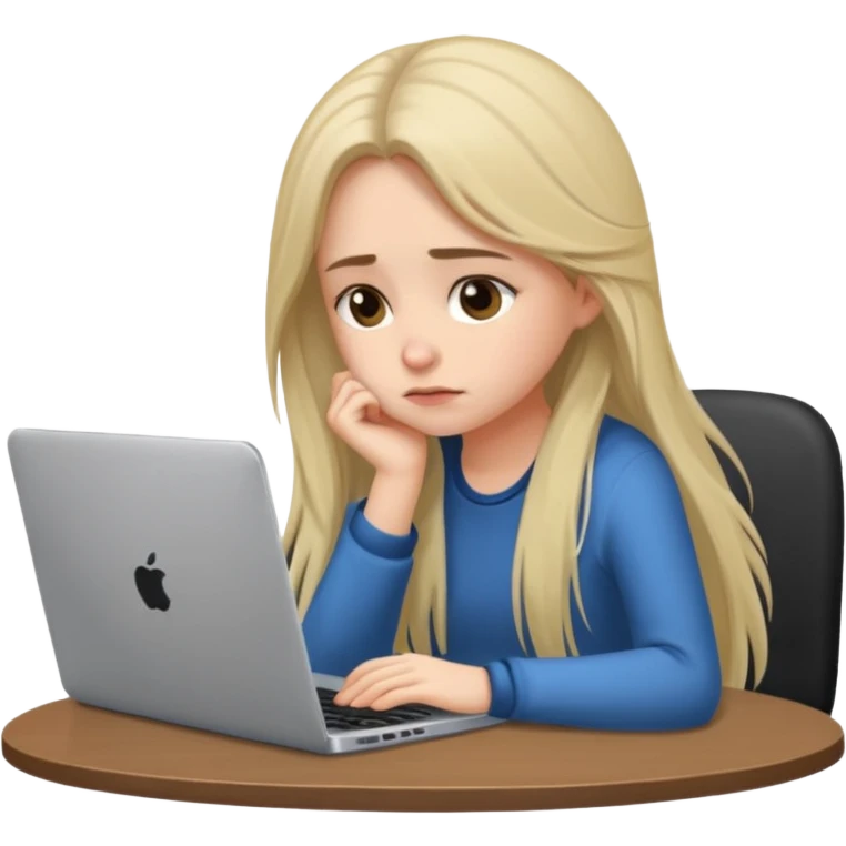 Девушка со светлыми длинными волосами грустная сидит за столом и усердно работает за ноутбуком emoji