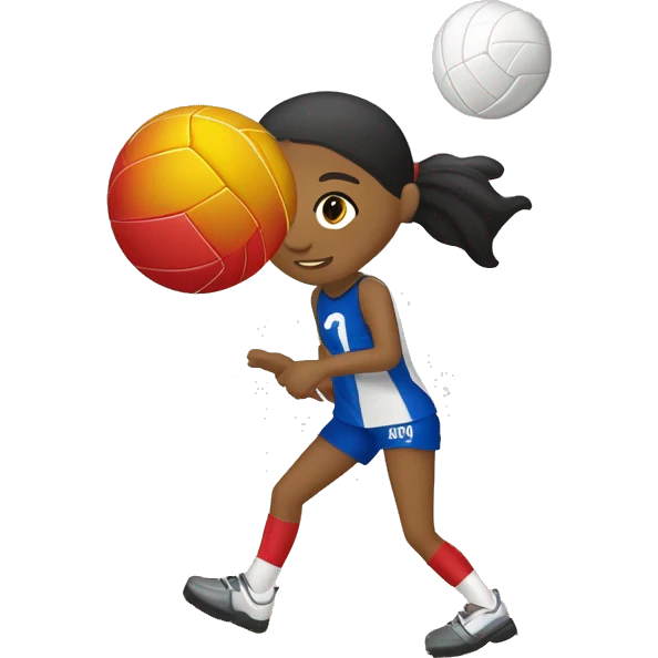 una perona sentada en el piso con una red de voleibol estirada alfrente de ella  y un balon de voleibol arriba en el aire emoji