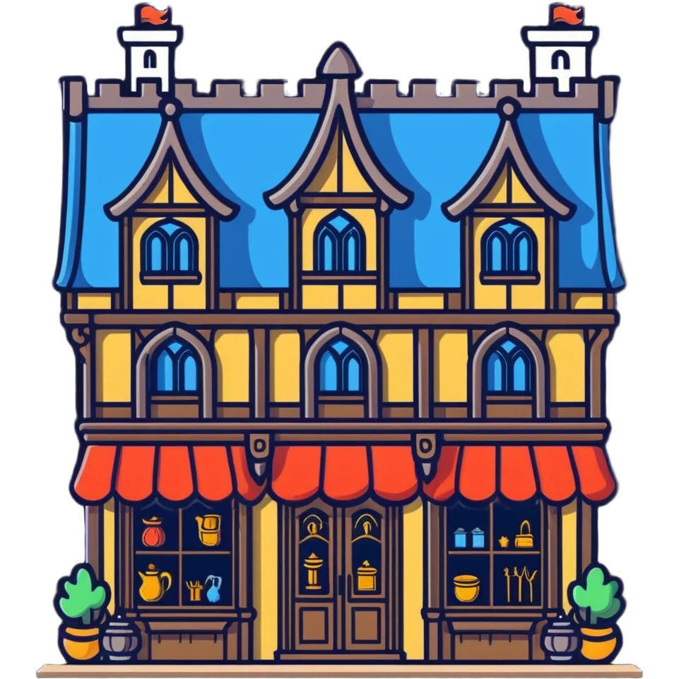 Fantasy merchant shop with medieval storefront and magical items displayed emoji