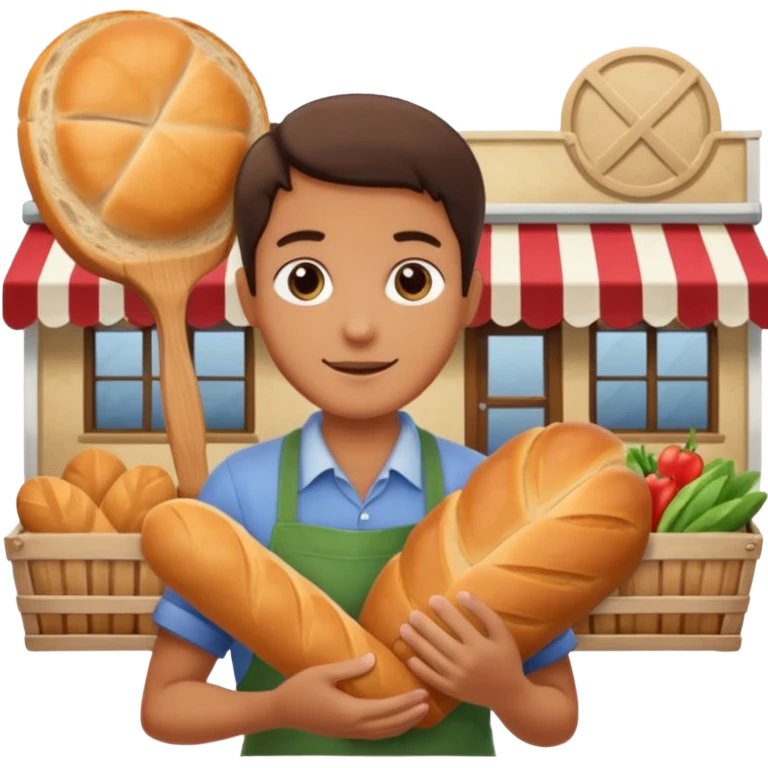 Shopper with bread loaf,Farmers’ Market, background bakery shop, market. emoji