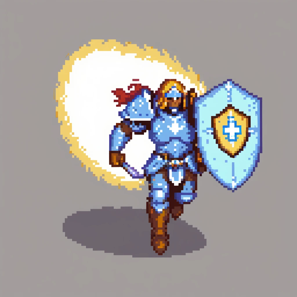 running paladin with glowing holy aura and shield emoji