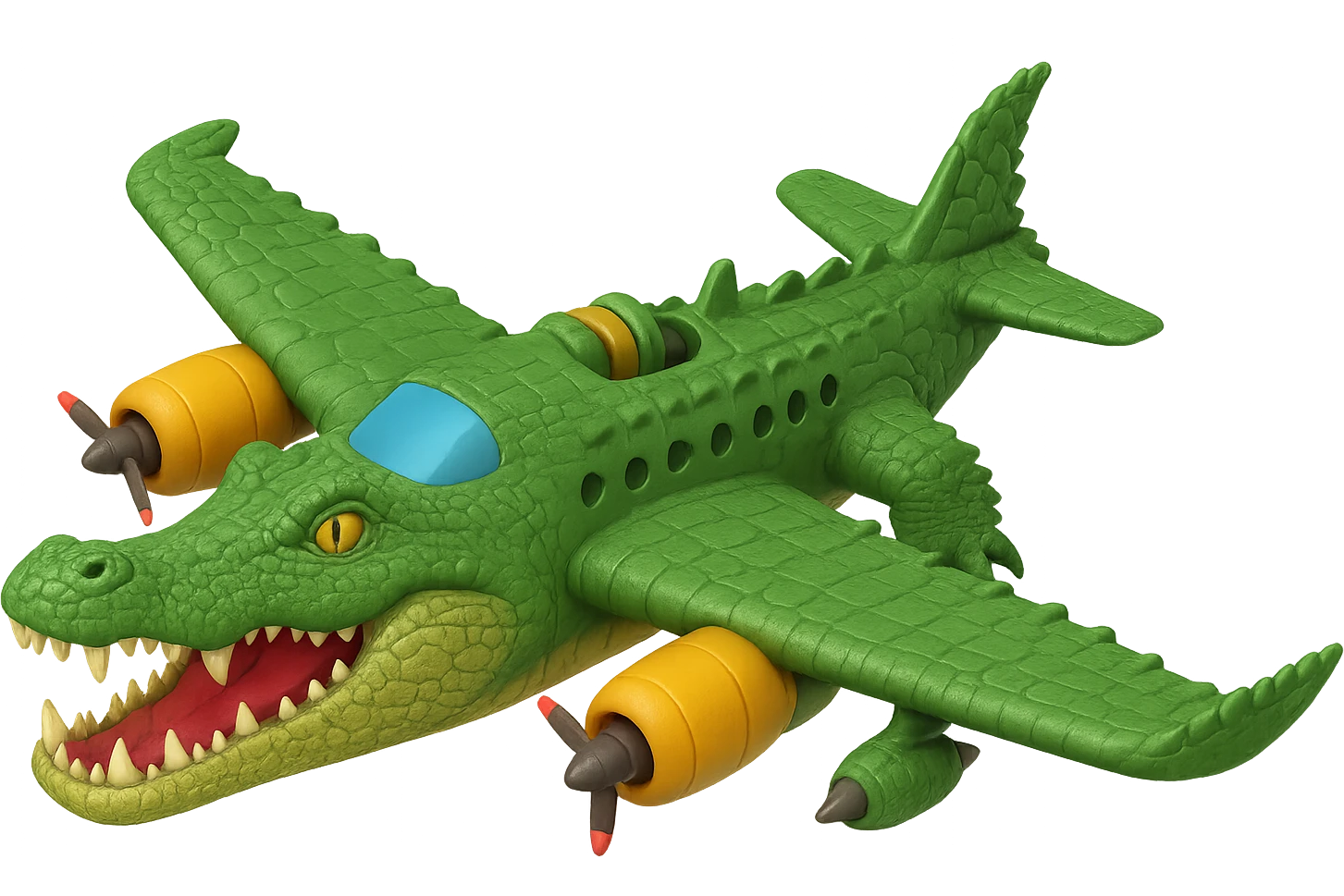 Make the war plane and crocodile fusion much more crocodile-like, emphasizing crocodile features such as the head, scales, teeth, and tail, while keeping the original 3D cartoon style. Maintain a transparent background. emoji