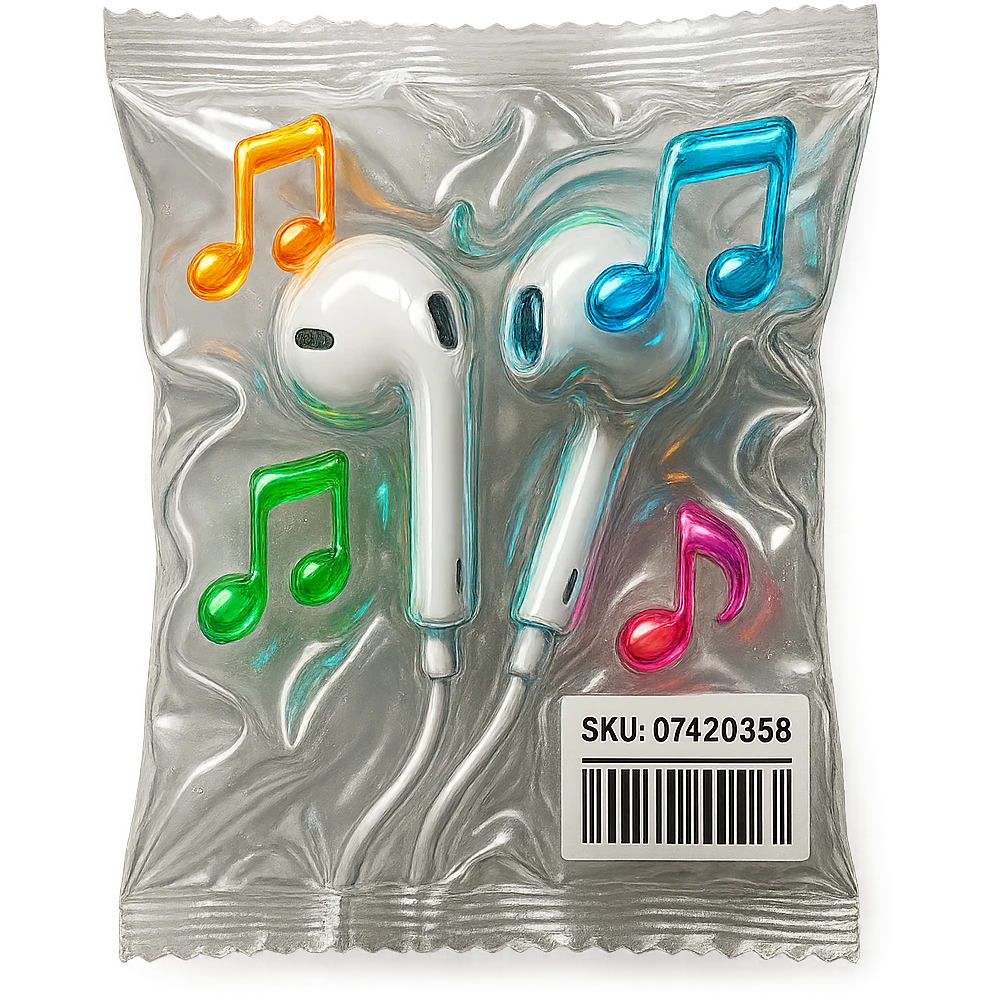 pair of white EarPods with floating multicolored glassy music notes around, shiny and inflated emoji