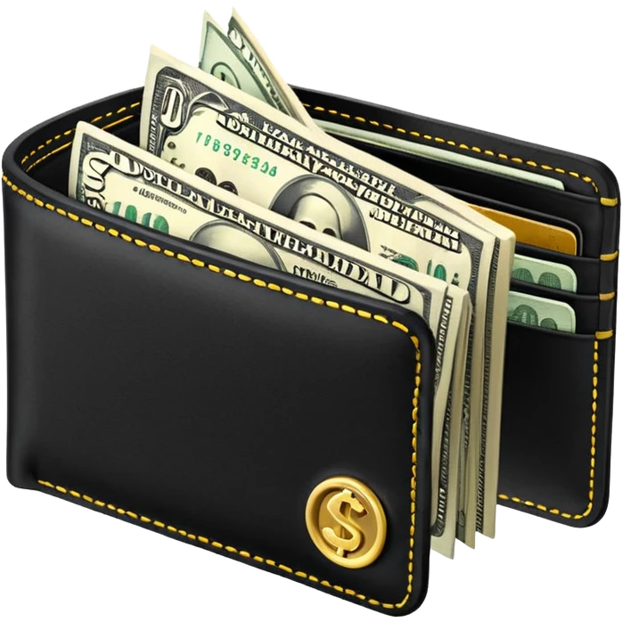 Rich emoji style black leather wallet with dollar bills, luxury money vibe, premium 3D emoji, ultra clean, high detail, no background
 emoji