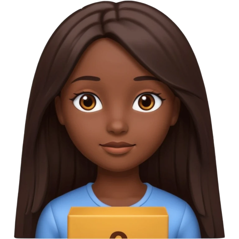 Boneca digital em estilo 3D realista e fofo, semelhante a uma boneca colecionável. Mulher jovem com pele negra, olhos castanhos escuros, cabelo liso cor chocolate, longo e bem alinhado.  emoji