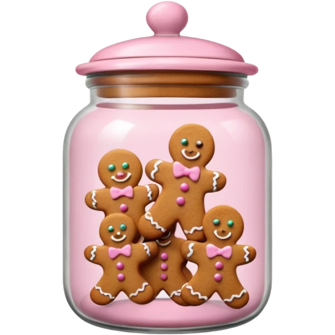 Realistic glass cookie jar with light pink lid full of gingerbread cookies isolated.  emoji