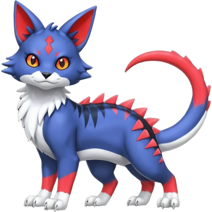 midnight blue-gray-black, with red markings, white belly, scaley scaly batty feline-like quadrupedal digitigrade furry feral Bastet-Noibat-Gatomon-Garchomp-Digimon-Fakémon-Pokémon-creature (full body) emoji