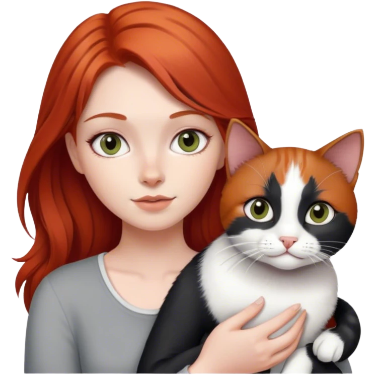 red haired girl grey eyes  with black and white cat emoji