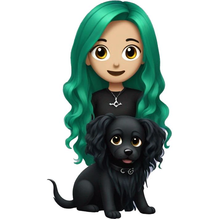 a goth girl with green long wavy hair and two black dogs emoji