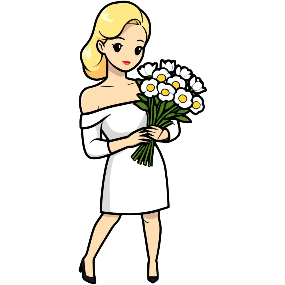 blonde woman in a white off-shoulder dress with long sleeves and a bouquet of white flowers in a white bag in her right hand emoji