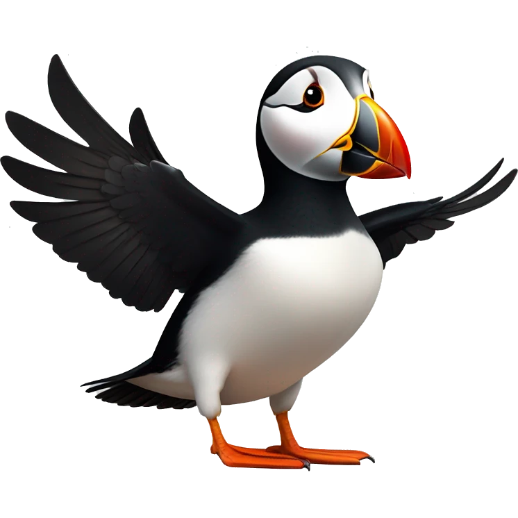 Puffin with round head and exaggerated features looking straight at the camera with wings spread out in a welcoming pose. emoji