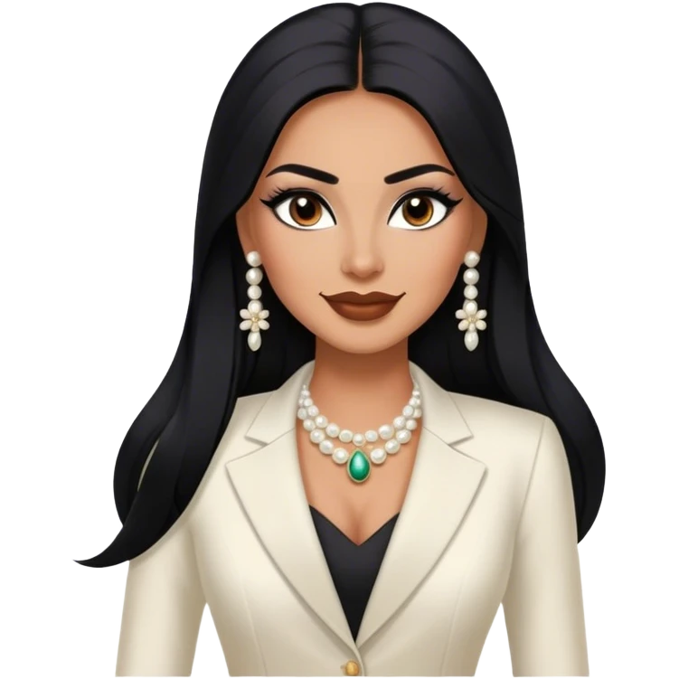beautiful fit tall woman boss, with long straight black hair, with make up, black eye liner, smile mooth close, mexican, brown skin, wearing beautiful couture outfit and discret pearl  emoji