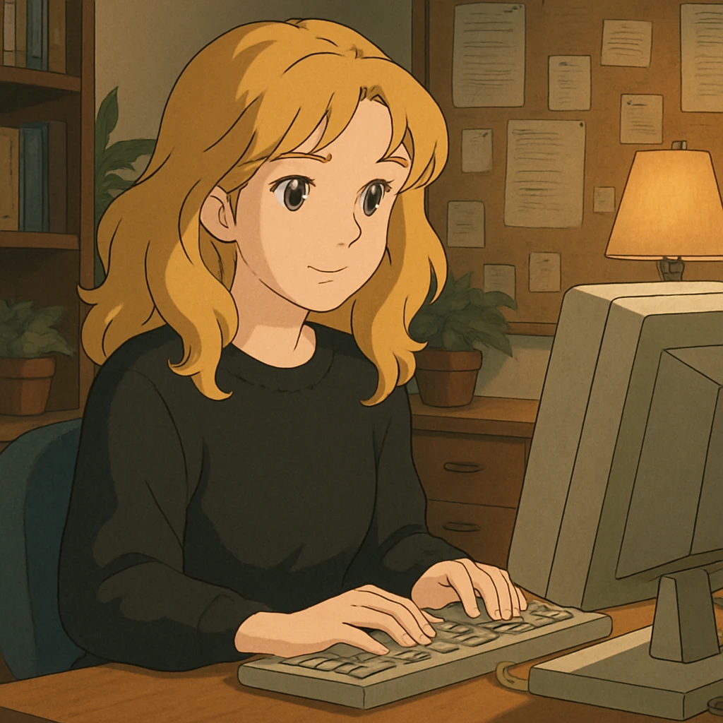 pretty brown-eyed blonde young woman with wavy hair, wearing a black sweater, working on a computer in a cozy office emoji